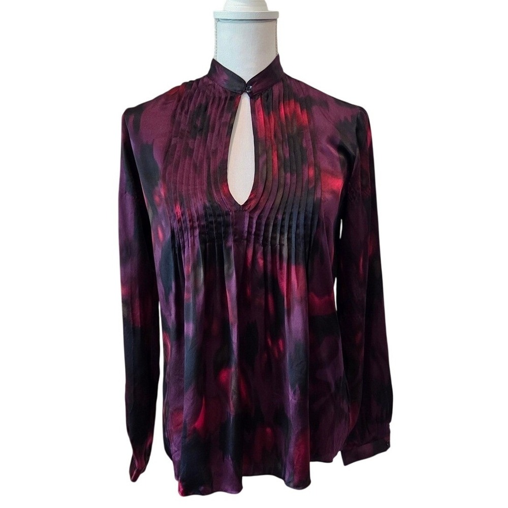 Theory Silk Keyhole‎ Blouse Pintuck Pleated Purple Abstract Moody Floral Petite